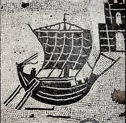 Ett fartyg i hamnen i Ostia (mosaik