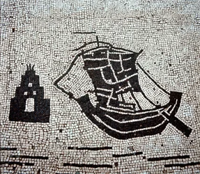 Ett fartyg i hamnen i Ostia (mosaik