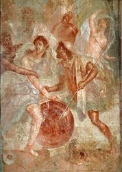 Akilles, förklädd till kvinna, känns igen av Odysseus bland Lykomedes döttrar på Skyros. Fresk från Pompeji. 1:a århundradet e.Kr. Mått: 145,5 x 137,5 cm. Nationella arkeologiska museet, Neapel. Romersk konst. Våldsam kamp mellan invånarna i Pompeji och