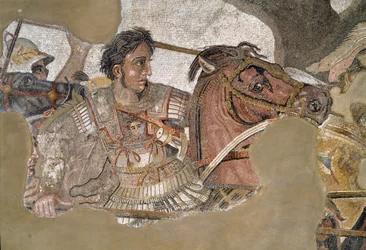 Alexander den store (356 - 323 f.Kr.) på sin häst Bukefalos. Mosaik från Faunens hus, Pompeji