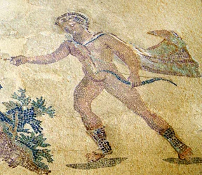 Apollon och Daphne, detalj av Apollon, Dionysos hus, Paphos, mosaik på Cypern