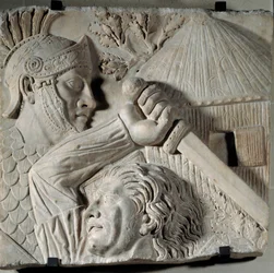 Det antika Roms konst: barbar som slåss mot en romersk legionär. Lågrelief, början av 200-talet efter JC. Rom, Trajanus forum. Sol: 0,84x0,88m. Paris, Louvren