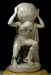 Farnese-Atlas som bär himmelsgloben, vilken symboliserar periodens astronomiska kunskap. Romersk marmorskulptur efter ett grekiskt original. 100-talet. Mått: 191 cm. Nationella arkeologiska museet, Neapel