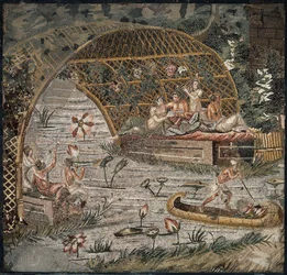 Bankett under en pergola nära Nilen - Detalj av nilmosaiken av Palestrina - 3:e århundradet f.Kr. - Nilens mosaik av Palestrina - 3:e århundradet f.Kr., 95x102 cm - Staatliche Museen, Berlin