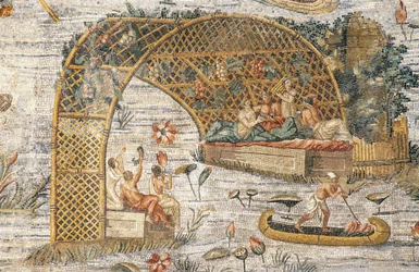Bankett under pergola, detalj från Nilotisk mosaik av översvämning av floden Nilen i Egypten, från Sanctuary of Fortuna Primigenia i Palestrina, Lazio, Italien, romersk civilisation
