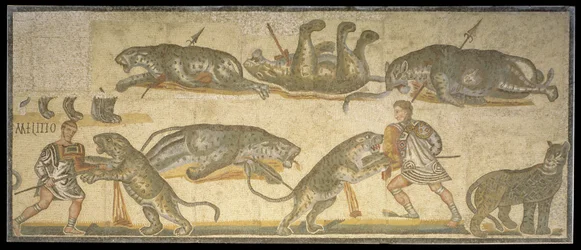 Strid mellan gladiatorer och vildkatter, 320 AD (mosaik)