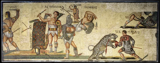 Strid mellan gladiatorer och vildkatter, 320 AD (mosaik)