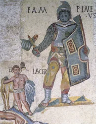 Battle between Gladiators, detalj av en gladiator beväpnad med en dolk och en sköld, 320 AD (mosaik)
