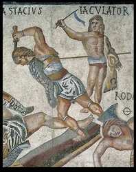 Strid mellan gladiatorer, detalj av en gladiator som slåss och en segerrik gladiator, 320 AD (mosaik)