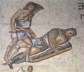 Battle between Gladiators, detalj av en gladiator som fäster en annan till marken, 320 AD (mosaik)