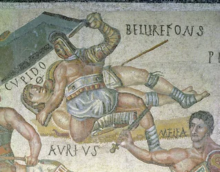 Battle between Gladiators, detalj av en gladiator som fäster en annan till marken, 320 AD (mosaik)