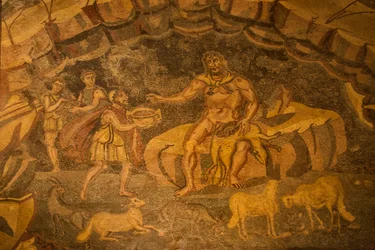 Golvmosaik med cyklop, Villa Romana del Casale, Piazza Armerina, Sicilien, Italien