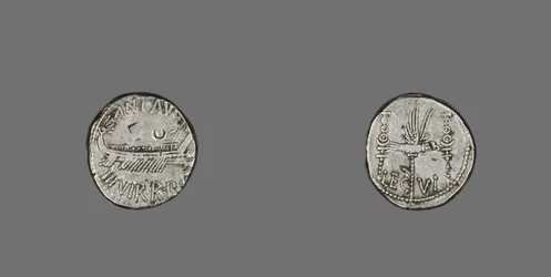 Denarius föreställer en galär, 31 f.Kr. (silver)