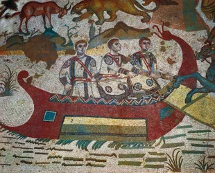 Detalj ur mosaiken Den stora jakten, Villa Romana del Casale, Piazza Armerina, Sicilien, Italien, 400-talet