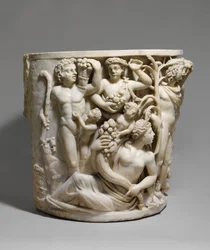 Detalj av marmorsarkofag med Dionysos triumf och årstiderna, ca 260–270 e.Kr. (marmor)