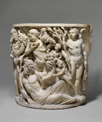 Detalj av marmorsarkofag med Dionysos triumf och årstiderna, ca 260–270 e.Kr. (marmor)
