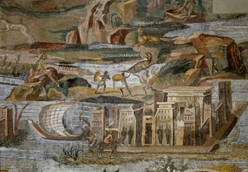 Detalj av den nilotiska mosaiken av Preneste (Palestrina) från helgedomen för gudomen Fortune Primigenia, 80 f.Kr.