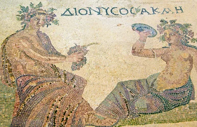 Dionysos som rådgivare till nymfen Akme, Dionysos hus, Paphos, Cypern (mosaik)