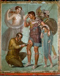 Den sårade Aeneas med sin son Iulus behandlas av den grekiske läkaren Iapyx, Iasos son. Romersk fresk från 100-talet e.Kr. från Pompeji. Neapel, Nationella arkeologiska museet