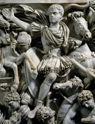 Ryttarporträtt av Hostilianus, son till kejsar Decius, tillsammans med hans vakter till häst, detalj från The Great Ludovisi-sarkofagen med relief som skildrar strid mellan romare och östgoter, ca 260, romersk civilisation, 300-talet