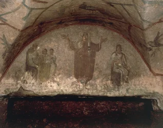 Figur av en ung kvinna med ett beslöjat huvud som ber med armarna utsträckta, Via Salaria (fresk)