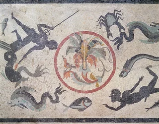 Fiskare och havsdjur, 1:a århundradet e.Kr. (mosaik)