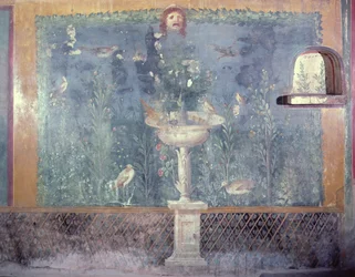 Fontän, mask och fåglar, Venus hus i skal, Pompei, Italien (fresk)