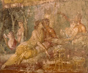 Fresk som skildrar en tricliniumscen, från Pompeji, Italien
