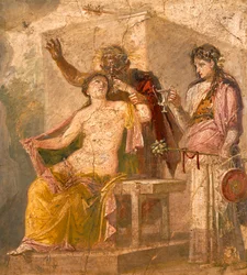 Fresk med erotiskt motiv som avbildar en dionysisk scen, från Pompeji (Unescos världsarvslista)