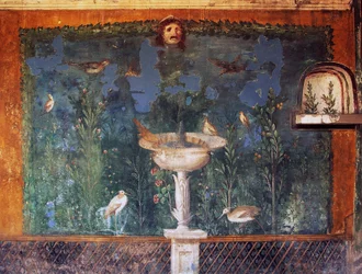 Fresk med fontän, mask och fåglar, Venus hus i skal, Pompeji, Kampanien, Italien, romersk civilisation