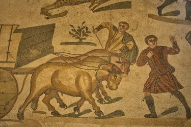 Den stora jaktens sal, jaktscen i golvmosaik, Villa Romana del Casale, Piazza Armerina, Sicilien, Italien (foto)