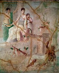 Herakles och Omfale, romersk fresk i den 3:e pompejanska stilen från Pompeji, 40-60 e.Kr., mått 88 x 103 cm, bevarad på Nationella arkeologiska museet i Neapel, Italien
