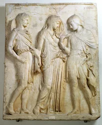 Hermes, Orfeus och Eurydike, relief, romersk kopia av ett grekiskt original från 400-talet f.Kr.