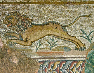 Jaktscen, detalj av ett lejon, Dionysos hus, Paphos, Cypern mosaik