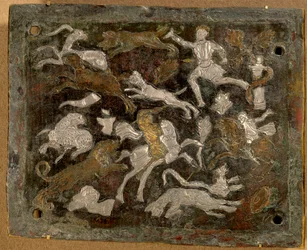 Inlagd plåt: jaktscener i brons och silver- och kopparinläggningar gjorda 350-400 e.Kr., antikens Rom. från Italien. Romerska imperiet. Paris, Louvren