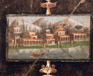 Landskap och arkitektur i väggmålning i tablinum, House of Marco Lucrezio Frontone, Pompei, Campania, romersk civilisation