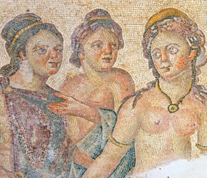 Leda och hennes tjänsteflickor, detalj från mosaiken Leda och Zeus, Aions hus, Paphos, Cypern (mosaik)