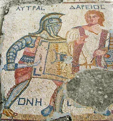 Lytras separeras från sin motståndare av Darios, Gladiatorernas hus, Kourion, Cypern (mosaik)