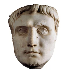 Mask av kejsar Augustus (Caius Julius Caesar Octavianus Augustus), 63 BC - 14 AD (marmorskulptur)