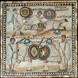 Mosaik som skildrar kampen mellan två hästar vid namn Simmachius och Maternus, romersk, 300-talet e.Kr.