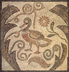 Mosaik av en anka som vetter åt vänster i vinstockar (sten och murbruk)