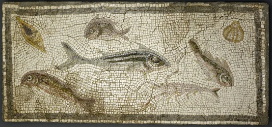 Mosaikpanel som visar fiskar, förmodligen 300-talet e.Kr.
