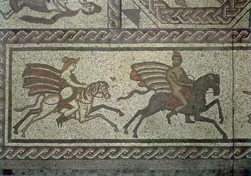 Mosaisk trottoar från den romerska villan i Low Ham, som illustrerar historien om Dido och Aeneas från Virgils Aeneid, ca 350 AD mosaikdetalj från 5959