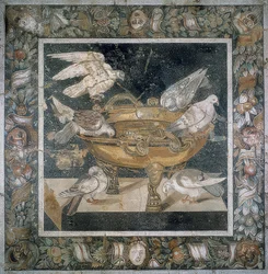 Mosaik från Pompeji med en grupp duvor på kanten av ett labrum. 3:e århundradet f.Kr.