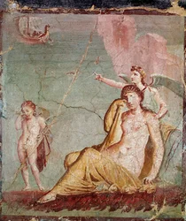 Nemesis, hämndens gudinna, visar Theseus skepp, som just har övergett Ariadne (fresk)