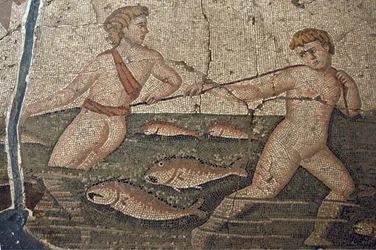 Nakna fiskare från mosaiken av Thalassa, havet, från Harbiye, Hatay