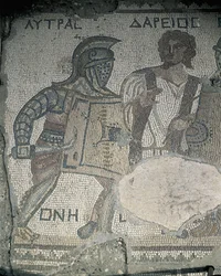 Målning av två gladiatorer på en mosaikvägg, Kourion, Limassol, Cypern
