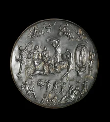 Patere de Parabiago, silverrituell maträtt som skildrar Attis (eller Atys) och Cybeles triumf på en vagn avfyrad av lejon, 300-talet. Silver: Diameter: 40 cm. Musee archelogique de Milan. - Patera of Parabiago, rituell silverplatta, som representerar trium