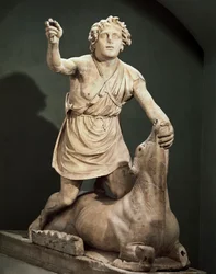 Pentelic marmor Mithra dräpande tjur, signerad av Kriton av Aten, från Mithraeum of Baths of Mithra, Ostia Antica (marmor)