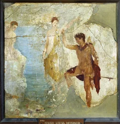 Perseus befriar Andromeda. Fresk 37,5x37,5 cm. Från De fem skelettens hus (Casa dei cinque Scheletri) i Pompeji. Odaterad. Nationella arkeologiska museet, Neapel (Arkeologiska museet i Neapel). ©Raffael/Leemage